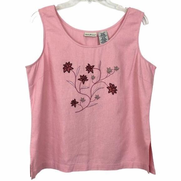 White Stag Vtg Y2K Pink Floral Appliqué Tank Top Women’s Large Linen Blend - Picture 1 of 8